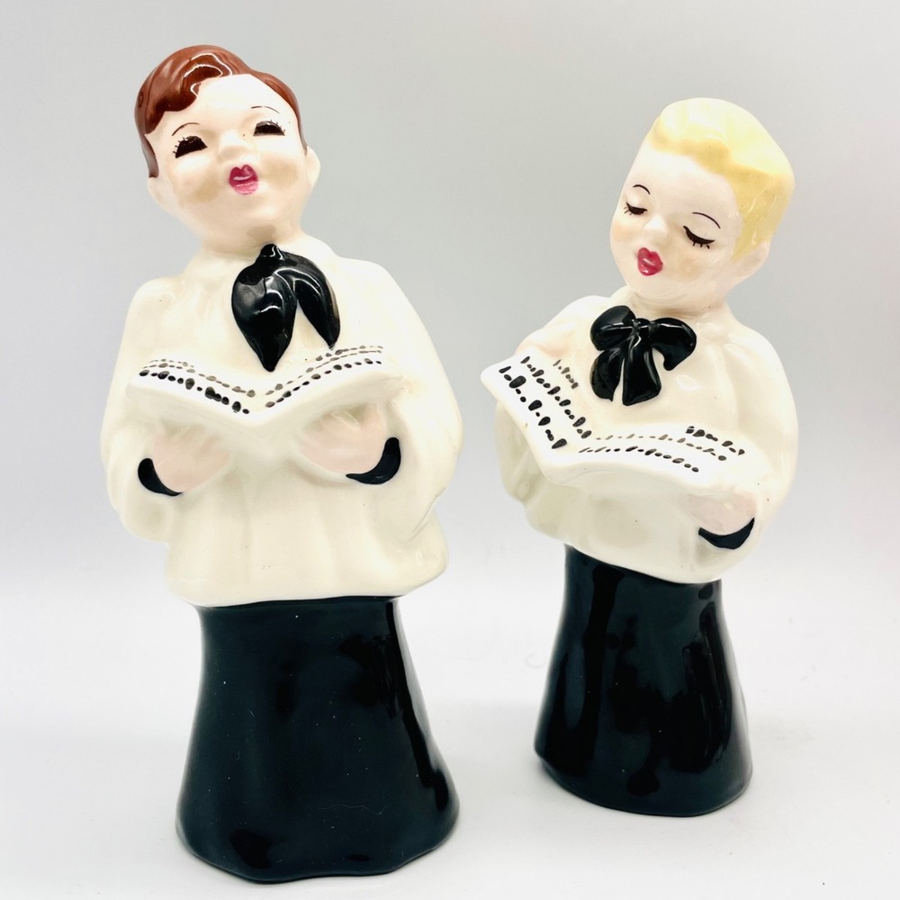 Vintage Ceramic Choir Boy Figurine‎ Set Christmas Carolers Black White Japan